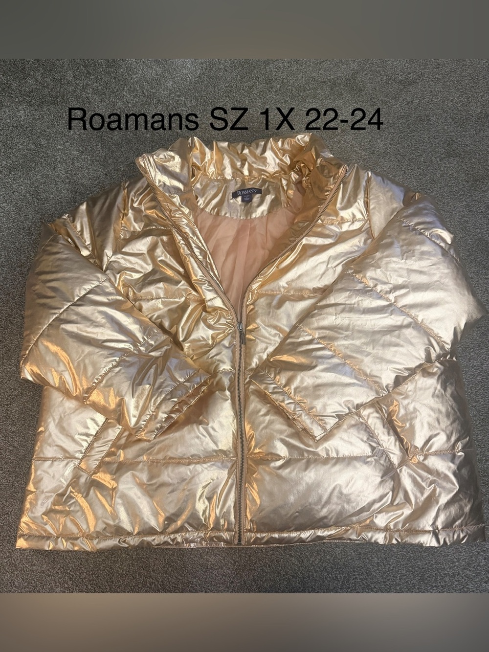 Roaman's Metallic Gold Shiny Puffer Jacket - Women’s Plus 1X